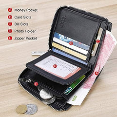 LAORENTOU Genuine Leather Wallets for Men, RFID Blocking, Multi Card Holder Slim Mens Wallet with Zipper Coin Purse, Bifold Wallet for Man, Boys, Teens(Black) (Soft Lichee Pattern Black)