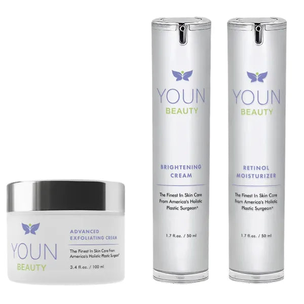 YOUN Beauty Sun Spots Skin Care Set, Facial Skincare Bundle Includes Retinol Moisturizer, Brightening Face Cream & Advanced Wash-Off Exfoliating Cream