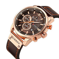 CURREN Mens Water Resistant Sport Chronograph Watches Military Multifunction Leather Quartz Wrist Watches (gold brown)