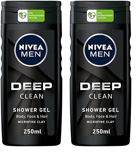 NIVEA MEN 3in1 Shower Gel Body Wash, Cleansing DEEP Micro-Fine Clay, Woody Scent, 250ml (Pack of 2)