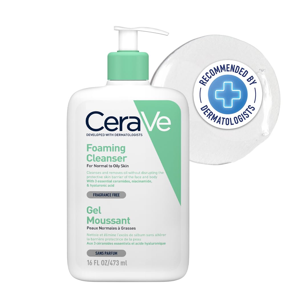 CeraVe Foaming Cleanser | Face and Body Wash for Normal to Oily Skin with Hyaluronic Acid, Niacinamide and Ceramides| Fragrance Free Paraben Free | 16Oz, 473 ML