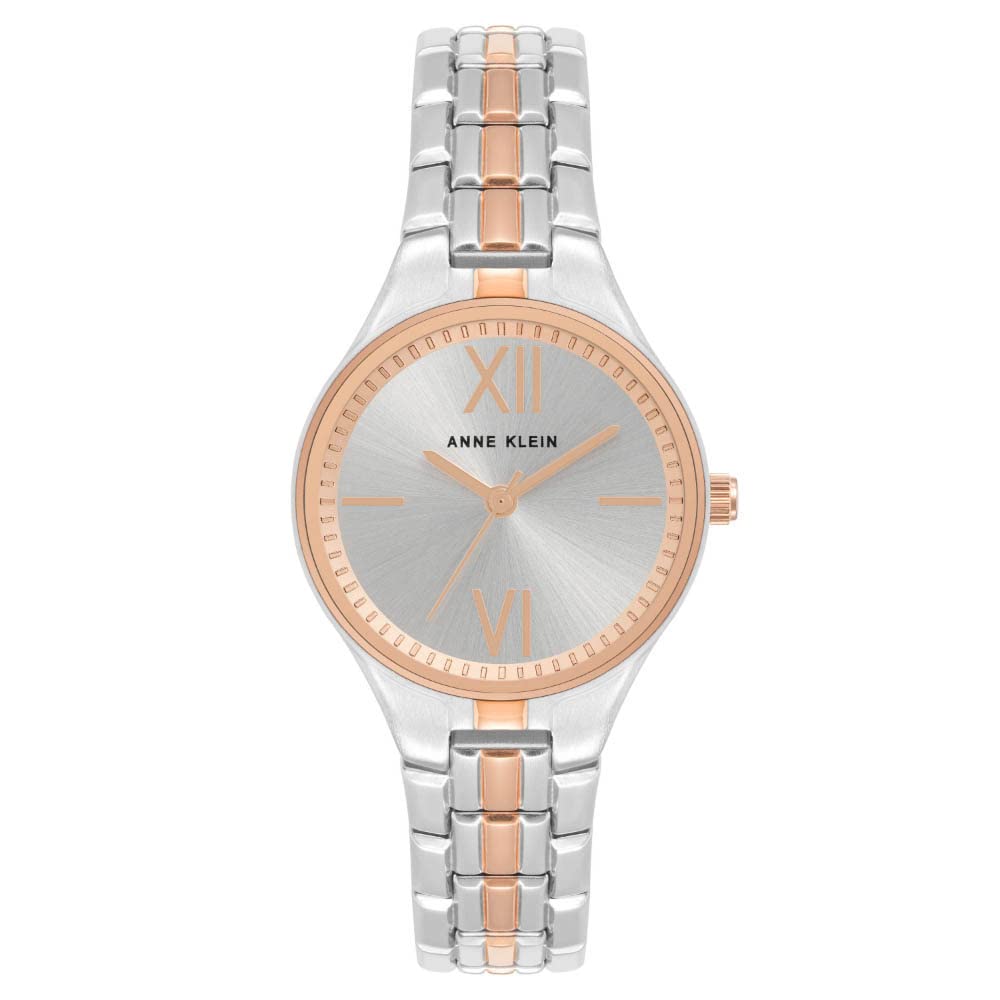 Anne Klein Round Shape Two-Tone Band Analog Watch for Women, 28 mm Size, Silver/Rose Gold