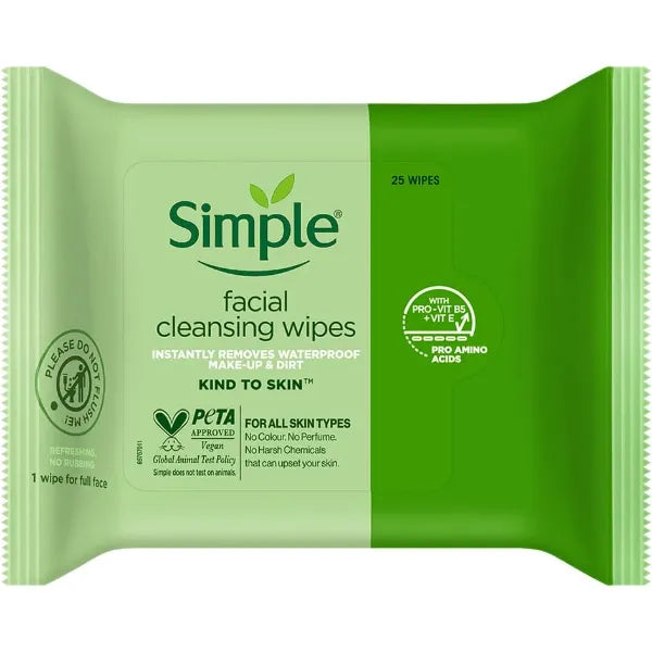 Simple Kind to Skin Cleansing Facial Wipes, 25 Count (Pack of 6)