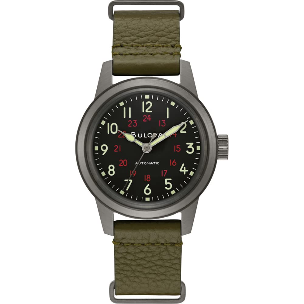 Bulova Men's Military Heritage Hack Stainless Steel 3-Hand Automatic Watch, NATO Leather Strap, Luminous Hands and Markers - Green Leather/Black Dial