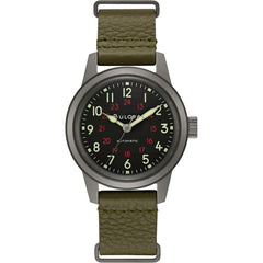 Bulova Men's Military Heritage Hack Stainless Steel 3-Hand Automatic Watch, NATO Leather Strap, Luminous Hands and Markers - Green Leather/Black Dial