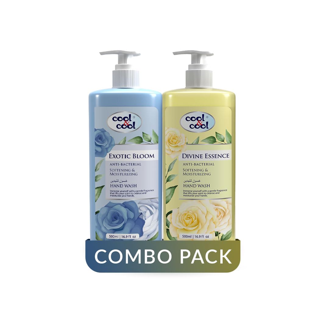 Cool & Cool Hand Wash Twin Pack (500Ml x 2)- Divine Essence and Exotic Bloom Scented Anti-Bacterial,Skin-Softening & Moisturizing Liquid Hand Wash 1Liter