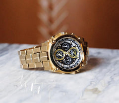 Bulova Men's Icon High Precision Quartz Chronograph Watch, Curved Mineral Crystal, 300m Water Resistant, Continuous Sweeping Secondhand, Luminous Markers - Gold Tone