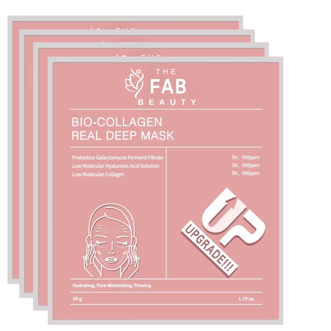 THE FAB BEAUTY Bio-Collagen Real Deep Mask 4pcs Upgraded Overnight Hydrating Mask, Collagen Sheet Mask for Elasticity, Pore Minimizing & Firming, Korean Anti-Aging, Moisturizing Instant Lifting