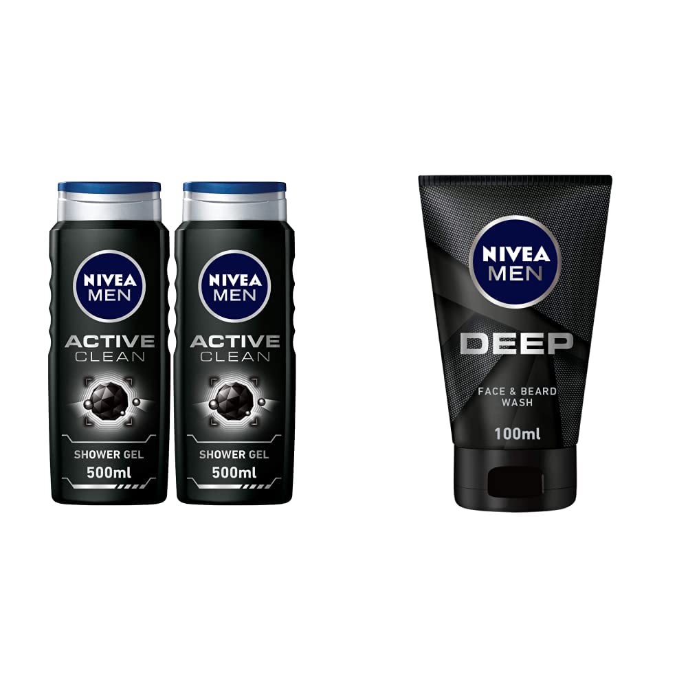 Nivea Men Active Clean Shower Gel 2X500ML & NIVEA MEN Face & Beard Wash Cleanser, DEEP Active Charcoal - 100ml