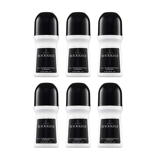 Avon Deododorant Men's Roll-on Black Suede, Anti-Whitening, Non-Staining, Quick-Drying Formula, 2.6oz/75ml. Pack of 6
