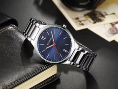 CURREN Mens Analog Watch Stainless Steel Case Blue Dial Silver Stainless Steel Bracelet