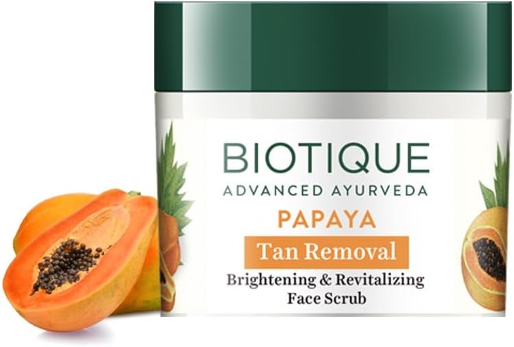 Biotique Papaya Tan Removal Brightening & Revitalizing Face Scrub | Gentle Exfoliation | Smooth and Clear Complexation | 100% Botanical Extracts| Suitable for All Skin Types | 75g