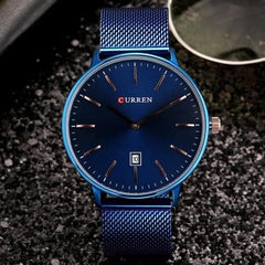 CURREN Mens Analog Watch Blue Stainless Steel Case Blue Dial Date Window Blue Stainless Steel Bracelet - Blue