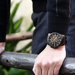 CURREN Men Leather Strap Military Watches Men's Chronograph Waterproof Sport Wrist Date Quartz Wristwatch Gifts (Black Black)