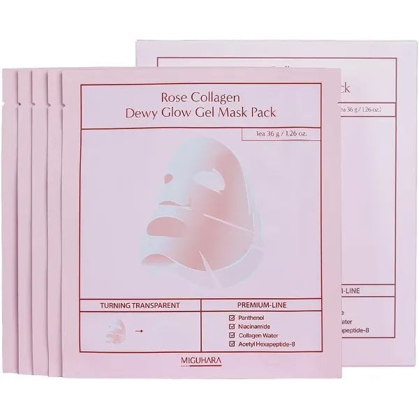 MIGUHARA Rose Collagen Dewy Glow Gel Mask Pack, Hydrogel Face Mask with Collagen Water and Niacinamide, 5 Sheets, 36g Each