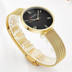 CURREN Ladies Analog Watch Gold Stainless Steel Case Black Dial Gold Stainless Steel Bracelet