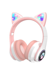 VuyKoo Kids Headphones with Microphone/RGB LED Light Up, Cat Ear Bluetooth Headphones 94dB Volume Limiting, Foldable Stereo Over-Ear Headphones for Kids Tablet/School/iPad/Smartphone (Pink)