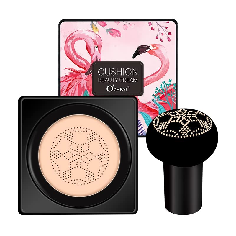 Mushroom Head Air Cushion Foundation CC Cream, Liquid Foundation BB Cream, ConcealerNude Makeup Moisturizing Brightening Pigment Liquid Foundation, Oil Control(Natural) (Flamingo-Pink)