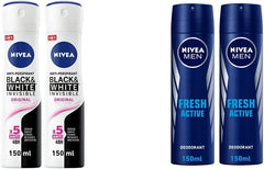 Nivea Black & White Invisible Original, Antiperspirant For Women, Spray 150ml, Pack Of 2 & MEN Antiperspirant Spray for Men, Fresh Active Fresh Scent, 2x150ml