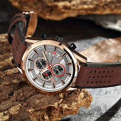 Curren 8290 Men's Analog Leather Strap Watch with Date Display - Silver, Black