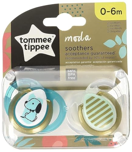 Tommee Tippee Moda Soothers for Newborns, Symmetrical Orthodontic Design, BPA-Free Silicone Baglet, Includes Steriliser Box, 0-6m, Pack of 2 Dummies