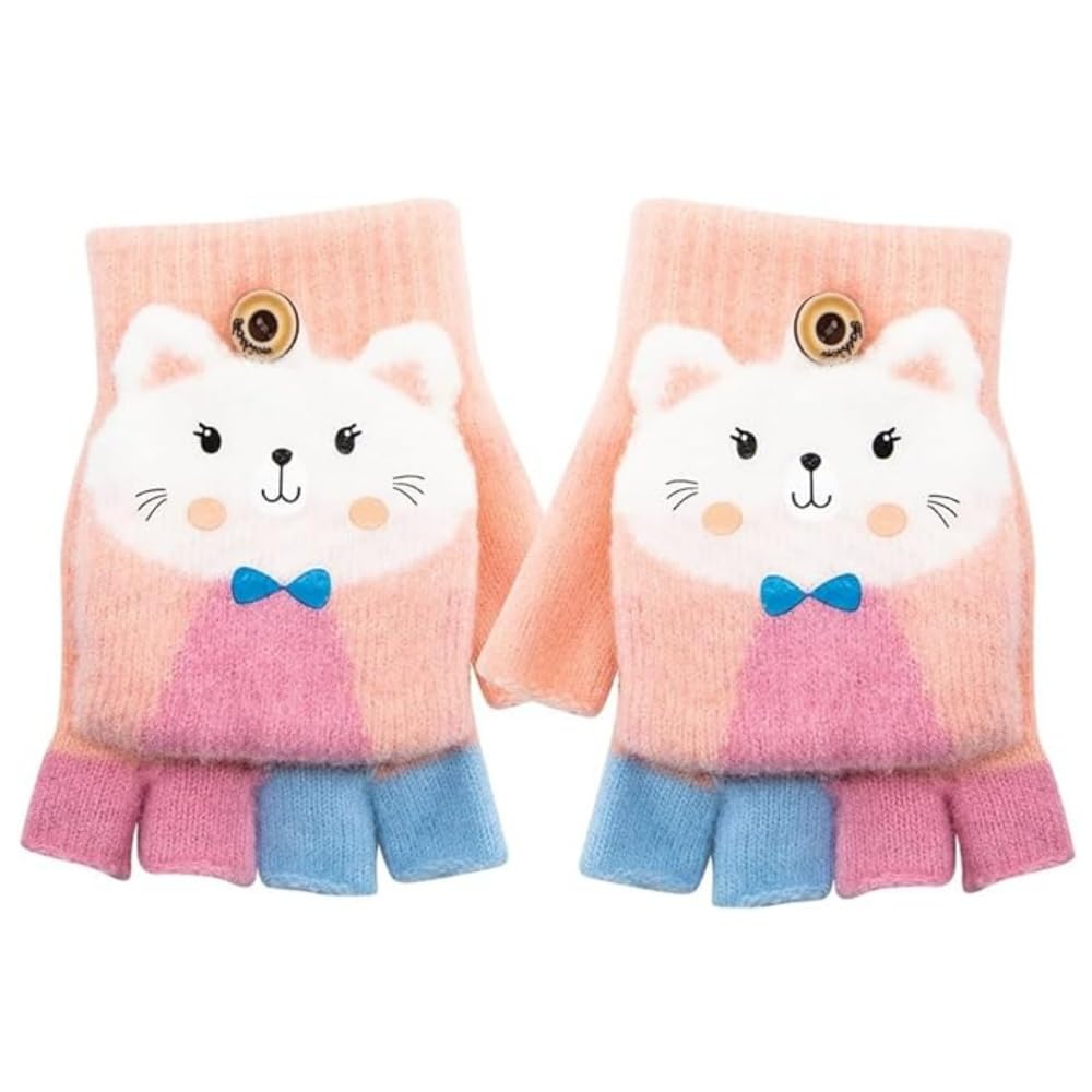 ASSHMHTC Kids Fingerless Gloves, 1 Pairs Winter Warm Convertible Flip Top Gloves Soft Knit Lining and Elastic Cute Cartoon for Kids Boy Girls 7-10 Years