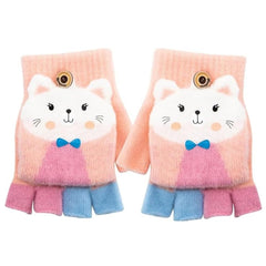 ASSHMHTC Kids Fingerless Gloves, 1 Pairs Winter Warm Convertible Flip Top Gloves Soft Knit Lining and Elastic Cute Cartoon for Kids Boy Girls 7-10 Years