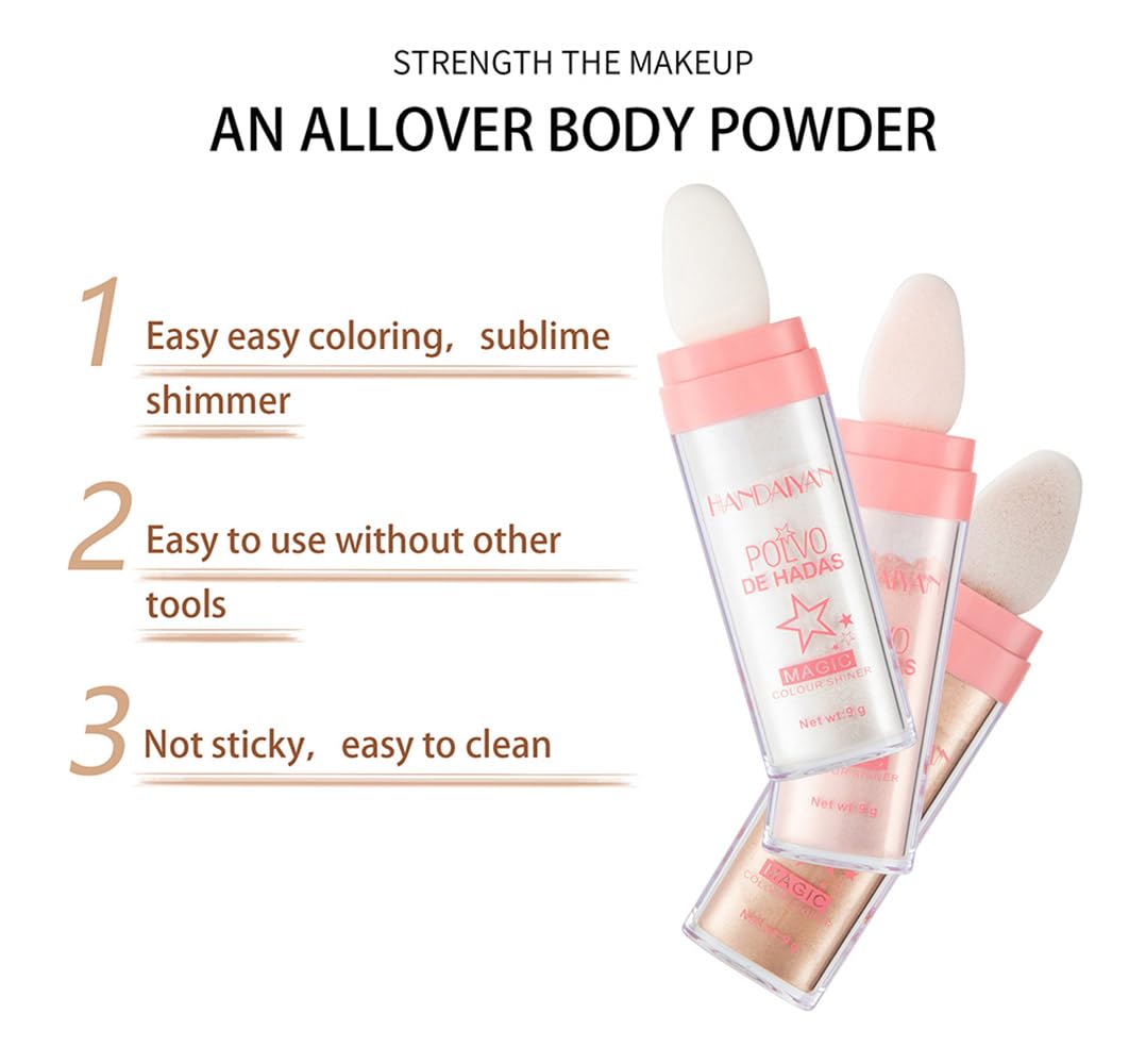 Body Shimmer Powder Polvo De Hadas Fairy Highlighter Glitter Natural Pigment Shiner Stick Loose Oil Glow Body Brighten Dust with Puff Makeup Three-Dimensional Face,Eyeshadow,Eye,Hair,Body,Hair(3)