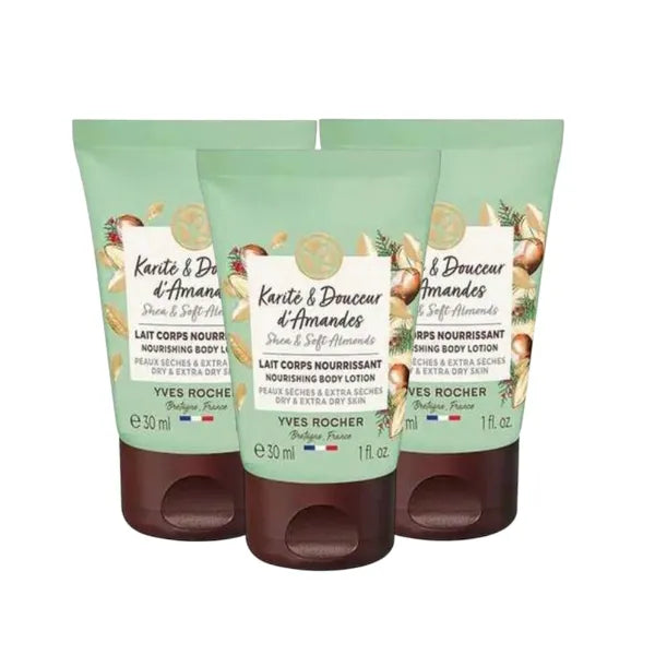 Yves Rocher Delicate Shea Butter and Almond Restorative Body Milk – Set of 3 Nourishing and Moisturizing Travel Size Body Lotion 30 ml/1 fl.oz