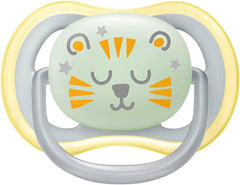 AVENT Philips Ultra Air Nighttime Pacifier - Pack of 2, BPA Free Breathable Glow in the Dark Pacifier for Babies 18+ Months, Includes Transport and Sterilization Box, Cloud/Tiger