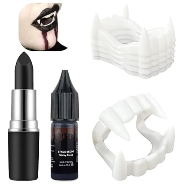 Mysense Vampire Fangs Teeth Fake Blood Makeup Kit, 5 Plastic Fake Teeth, 1 Sticky Stage Blood and 1 Black Lipstick, Vampire Costume Accessories for Halloween SFX Makeup