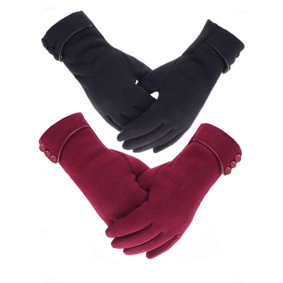 Tomily Womens Touch Screen Phone Fleece Windproof Gloves Winter Warm Wear - Black / wine Red