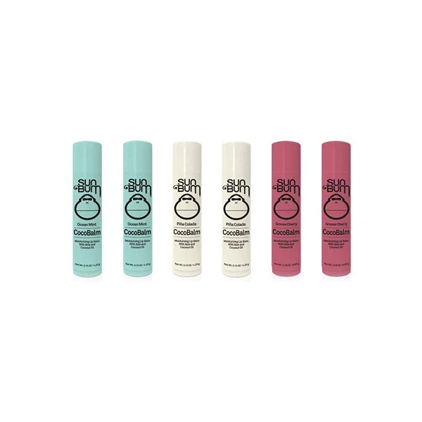 Sun Bum CocoBalm | Vegan and Cruelty Free Moisturizing Lip Balm with Aloe and Coconut Oil | Pina Colada, Ocean Mint, Groove Cherry (.15 oz) | Pack of 6 (2 of Each Flavor)