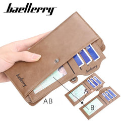 Mens Wallet Long Style Card Holder Male Purse Zipper Large Capacity PU Leather Wallet (Brown)
