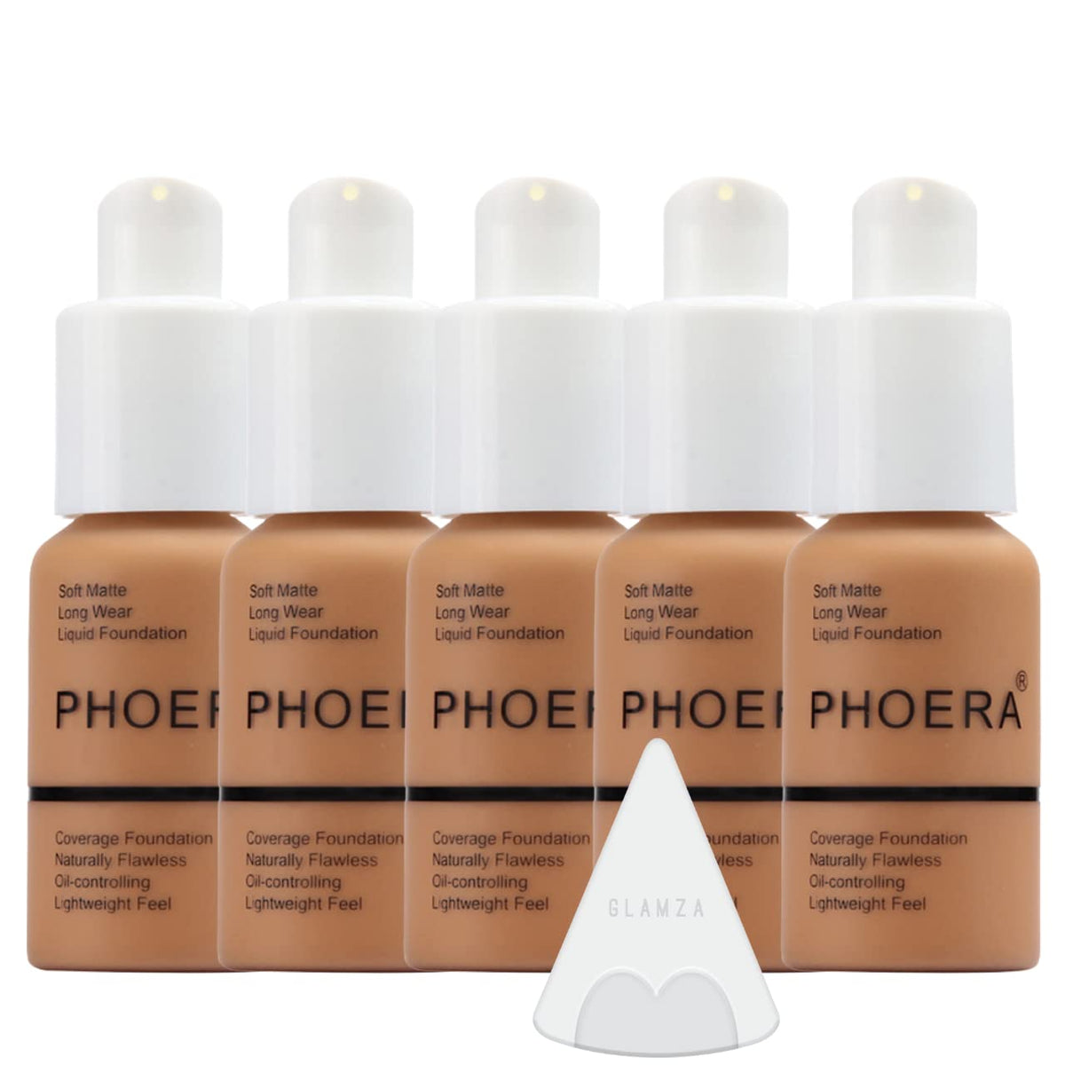 Glamza Phoera Foundation Full Coverage Makeup Set - 24hr Long Lasting Oil Control - Soft Smooth Matte Flawless Concealer Cream - Inc x5 30ml Foundation & Silicone Blender Sponge (108 Tan)