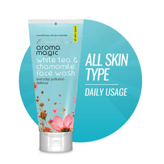 Aroma Magic Blossom Kochhar Aroma Magic White tea & Chamomile Face Wash, With White Tea And Soya Milk Extracts & Exfoliating Micro Beads, Chamomile Essential Oil Soothes, 100 ml, Light Blue