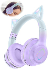 Azonee Kids Bluetooth Headphones, Cat Ear LED Light Wireless Child Headphones with Mic, Foldable & Adjustable, TF Card, Stereo Over-Ear Headset for Boys, Girls, Adults (Purple)