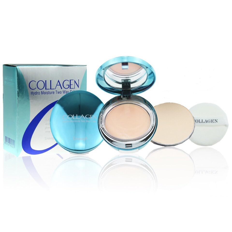 Enough Collagen Hydro Moisture Two Way Cake SPF25 PA++ #13 - Lightweight Hydrating Powder Foundation with Refill, 13g - Blurring, Dewy Finish for Everyday Glamour - Korean Beauty Essential