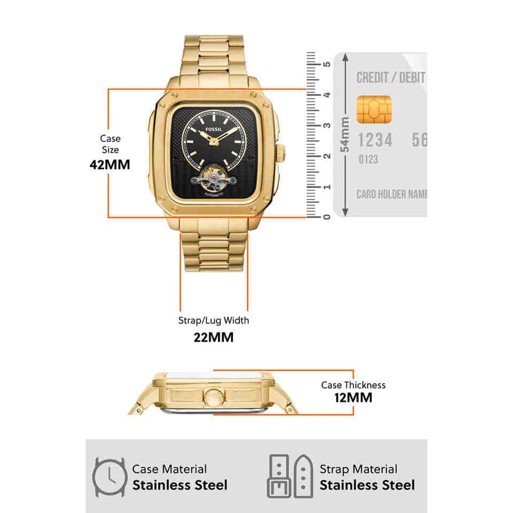 Fossil Inscription Men's Watch with Square Case and Stainless Steel, Silicone or Leather Band Gold Auto