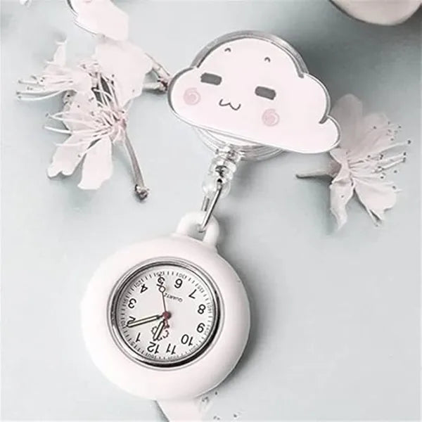 KASTWAVE Retractable Nurse Fob Watch, Luminous Clip-on Hanging Lapel Pocket Watches with Cute Flower Pattern, Pointer Glow in Dark for Nurses Doctors Paramedics