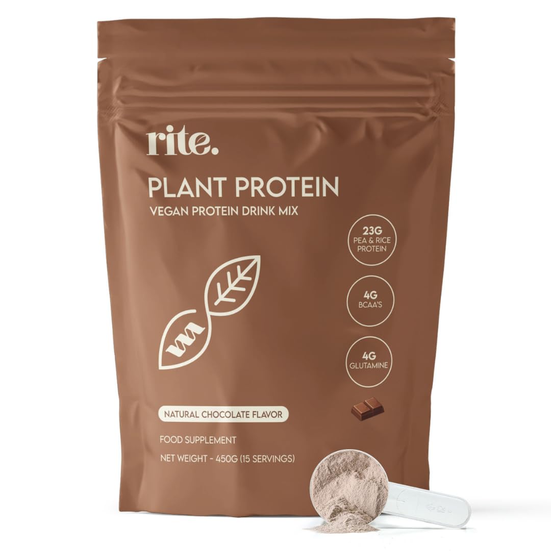 Protein Rite Performance - Plant-based protein powder with 23g of plant-based protein, 4g of BCAAs, and 4g of L-Glutamine. Ideal anytime and post-workout. Tastes great with just water! Chocolate flavor (15 servings).