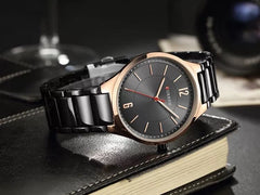 CURREN Mens Analog Watch Rose Gold Stainless Steel Case Black Dial Black Stainless Steel Bracelet, Black, bracelet