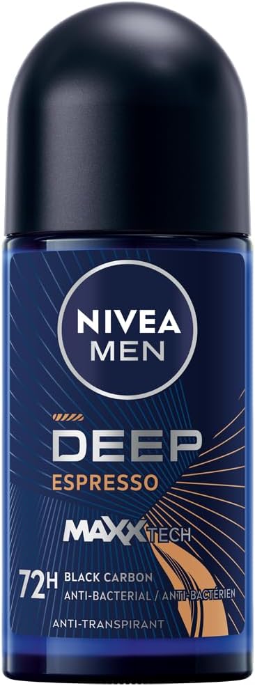NIVEA MEN Antiperspirant Roll-on for Men, DEEP Black Carbon Antibacterial, Espresso Scent, 50ml