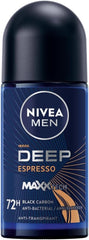 NIVEA MEN Antiperspirant Roll-on for Men, DEEP Black Carbon Antibacterial, Espresso Scent, 50ml