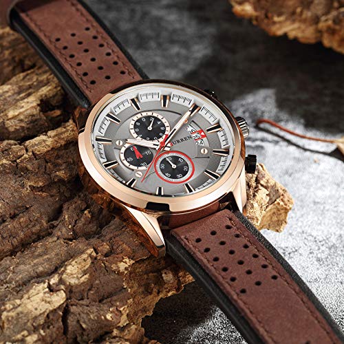Curren 8290 Men's Analog Leather Strap Watch with Date Display - Silver, Black