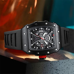 CURREN New Rectangular Luminous Watch Men Sports Casual Silicone Bracelet Semi Hollow Auto Date Dail Wristwatch 8438 - BLACK