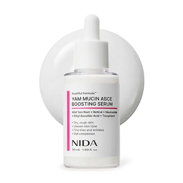 NIDA Youthful Formula Yam Mucin ABCE Boosting Serum Wild Yam Root, Retinal, Panthenol, Vitamin C & E Anti Wrinkle, Brightening 1.69 fl. oz., 50mL