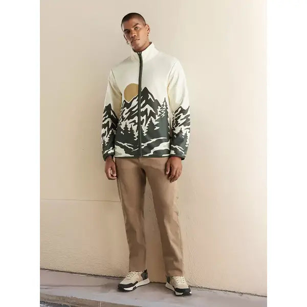Mountain Print Zip Through Fleece Jacket - Cream