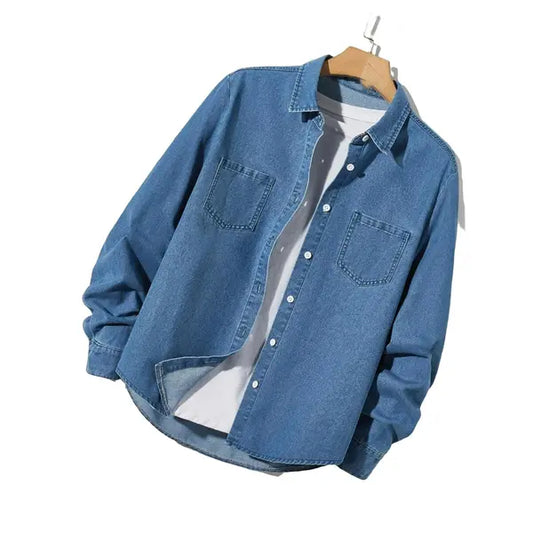 Casual Plain Shirt Medium Wash Long Sleeve Men Denim Shirts