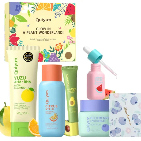 QUIYUM Skin Care Set for Women & Teens, Daily Facial Routine Beauty Kit, Hydrating Moisturizing Glow Repair Anti-Aging Gift Set